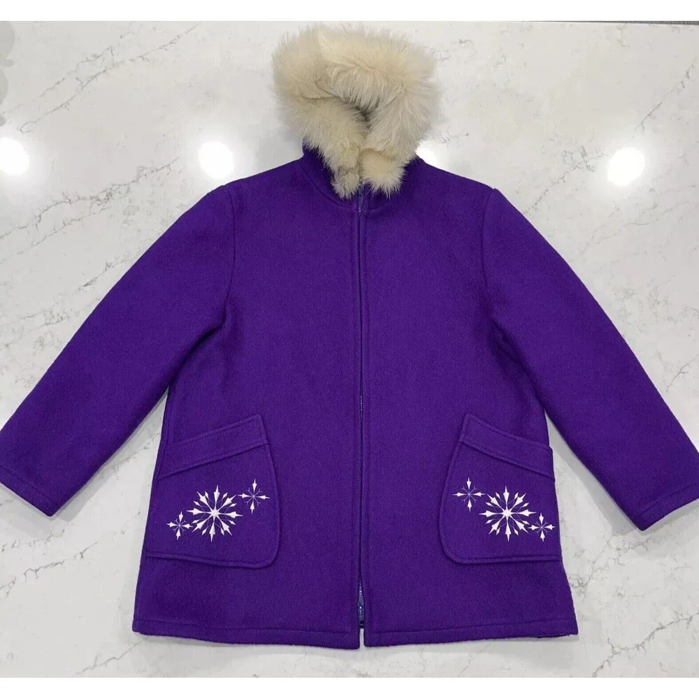 Kelsey Trail Womens Sz 20 Purple Vtg Canadian Embroidered Virgin Wool Coat lined
